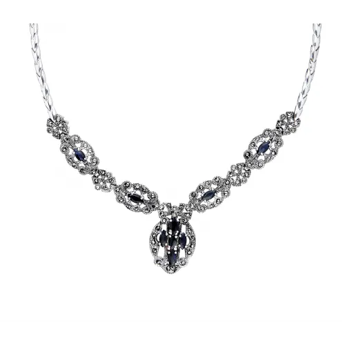 Srebrny komplet z kamieniami w kolorze szafiru i markazytami - kolia + bransoletka