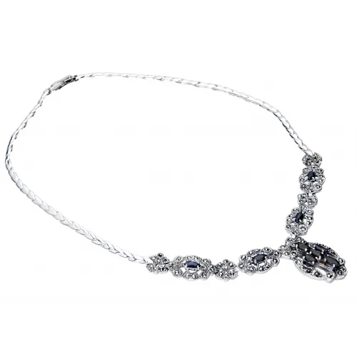 Srebrny komplet z kamieniami w kolorze szafiru i markazytami - kolia + bransoletka