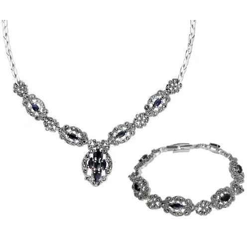 Srebrny komplet z kamieniami w kolorze szafiru i markazytami - kolia + bransoletka