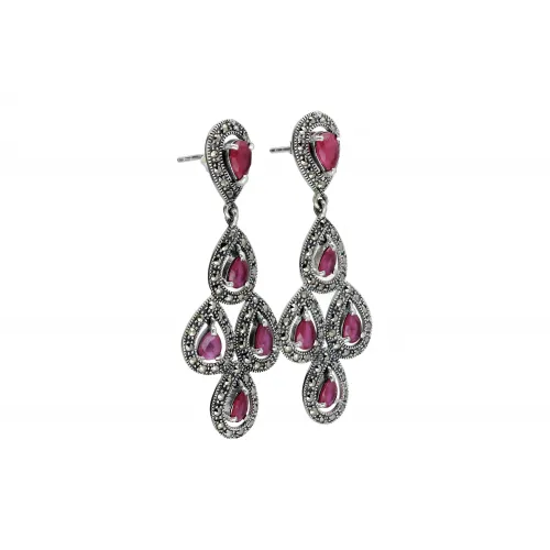 Srebrne kolczyki z markazytami i cyrkoniami w kolorze rubinu