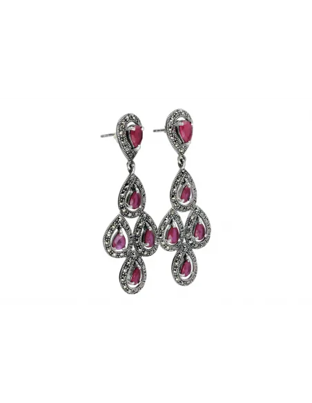 Srebrne kolczyki z markazytami i cyrkoniami w kolorze rubinu
