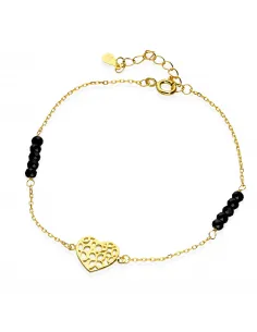 Pozłacana Bransoletka - Ażurowe Serce Z Czarnymi Koralikami